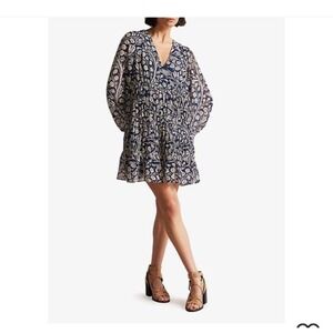 Ted Baker London Navy Blue Floral Paisley Tiered Smocked Mini Dress Size M 8/10